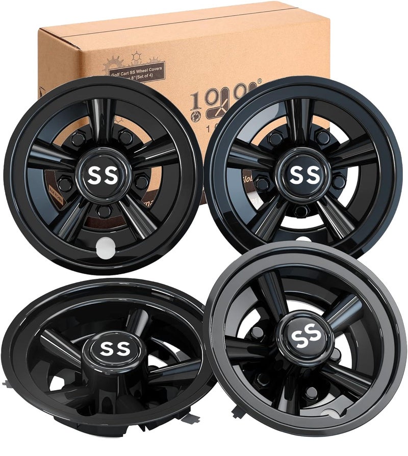 10L0L Golf Cart Hubcaps, 8 inch Wheel Covers Set of 4, Universal Hub Caps for Yamaha, Club Car, EZGO, Black - Image 1